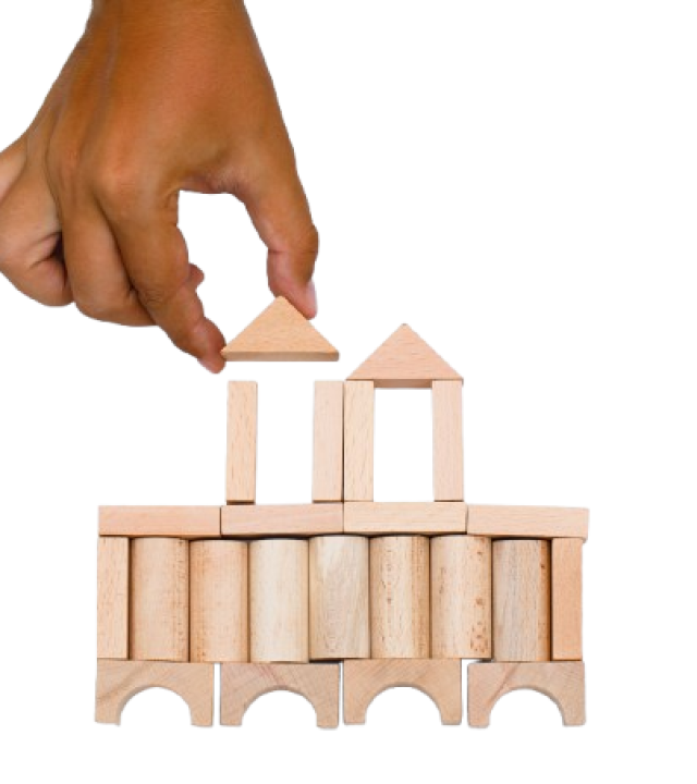 business strategy concept white background flat lay man building castle from wooden blocks removebg preview